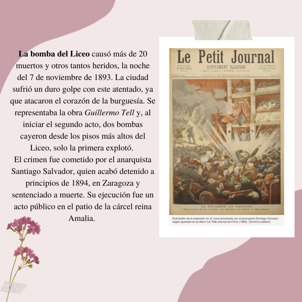 Texto e imagen de la ilusitración de la bomba del Liceo en el diario Le Petit Journal de Paris en 1893